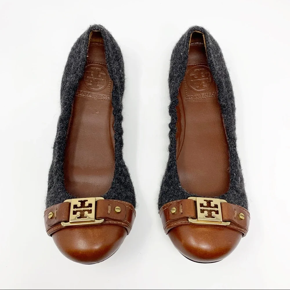 Tory Burch Brown Leather & Charcoal Wool Logo Ballet Flats